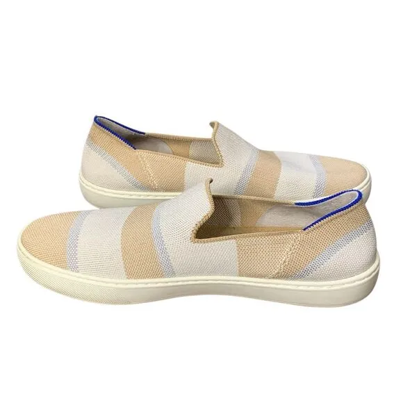 Rothy's Birch Stripe Slip On Sneaker in tan, blue silver‎ and white. Size 10