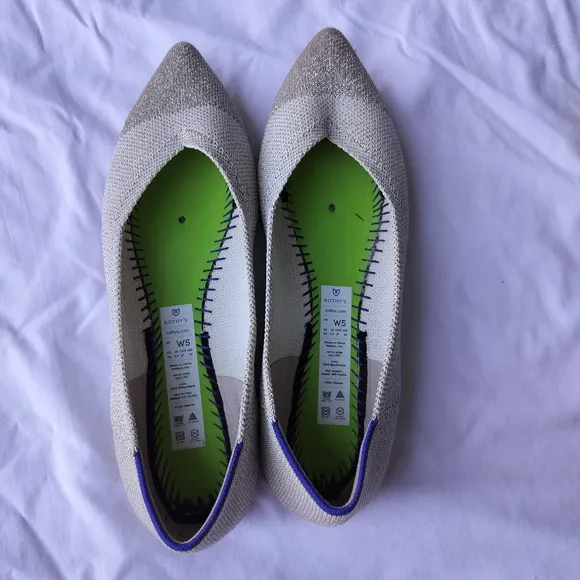 Rothy's Gold and Silver Flats with Pointed Toe and Slip-On Style