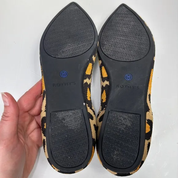 Rothy's The Point Big Cat Tan Brown Orange Leopard Print Slip On Shoes Size 7.5