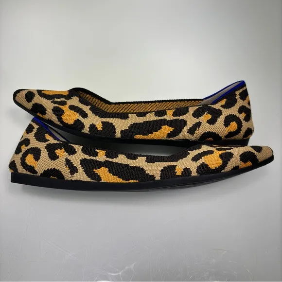 Rothy's The Point Big Cat Tan Brown Orange Leopard Print Slip On Shoes Size 7.5