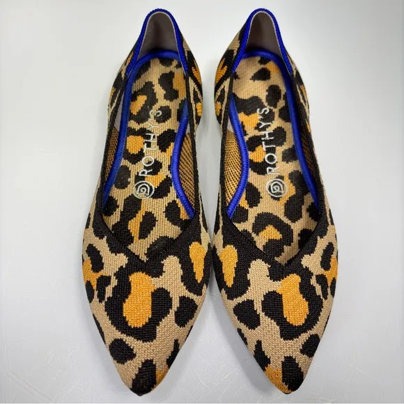 Rothy's The Point Big Cat Tan Brown Orange Leopard Print Slip On Shoes Size 7.5