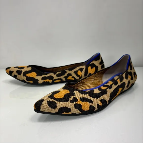 Rothy's The Point Big Cat Tan Brown Orange Leopard Print Slip On Shoes Size 7.5