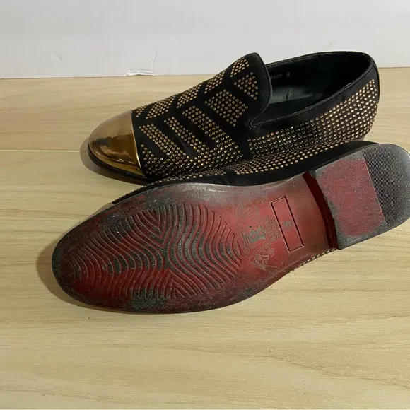 Royal Shoes Black/Gold Rhinestones Smoking Slip-on Red Bottom Men’s Dress Shoes