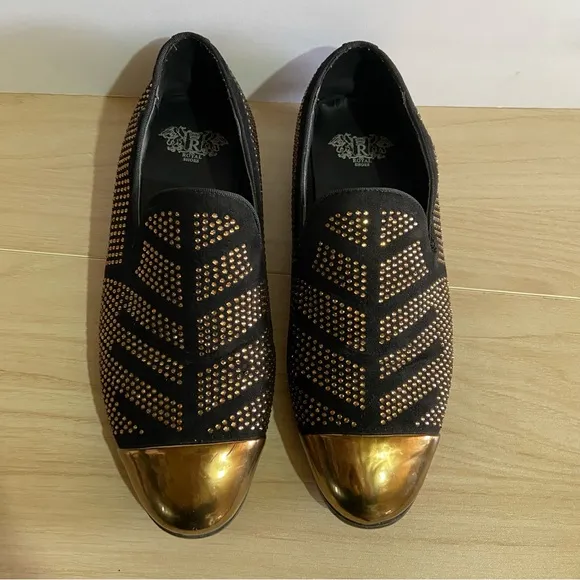 Royal Shoes Black/Gold Rhinestones Smoking Slip-on Red Bottom Men’s Dress Shoes