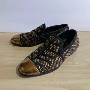 Royal Shoes Black/Gold Rhinestones Smoking Slip-on Red Bottom Men’s Dress Shoes