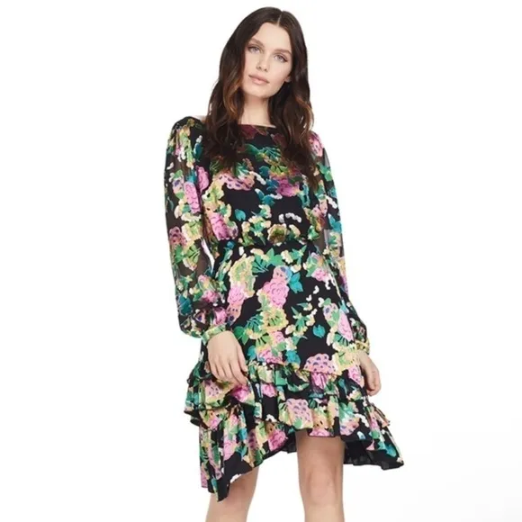 Saloni Felicia Hydrangea Printed Silk Long SleeveDress 2
