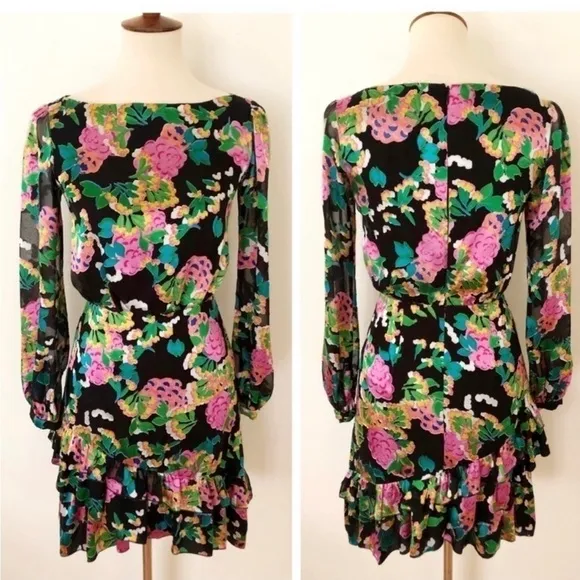 Saloni Felicia Hydrangea Printed Silk Long SleeveDress 2