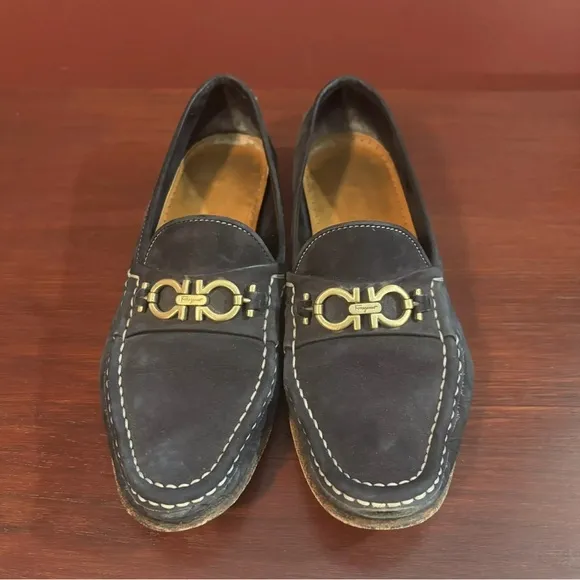 Salvatore Ferragamo Black Suede Loafers Women's 9 AA Buckle Black