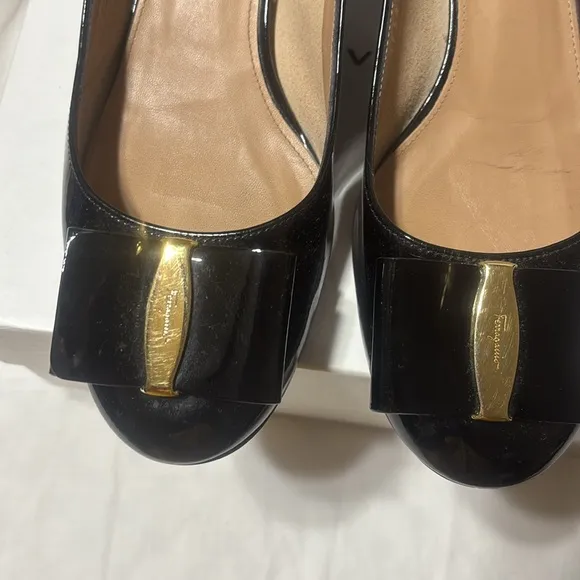 Salvatore Ferragamo patent leather block heels. Preowned in good condition.