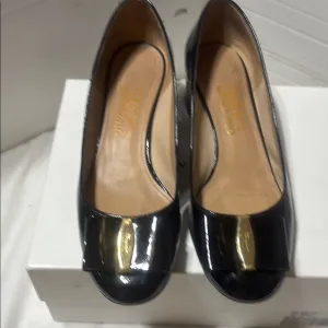 Salvatore Ferragamo patent leather block heels. Preowned in good condition.