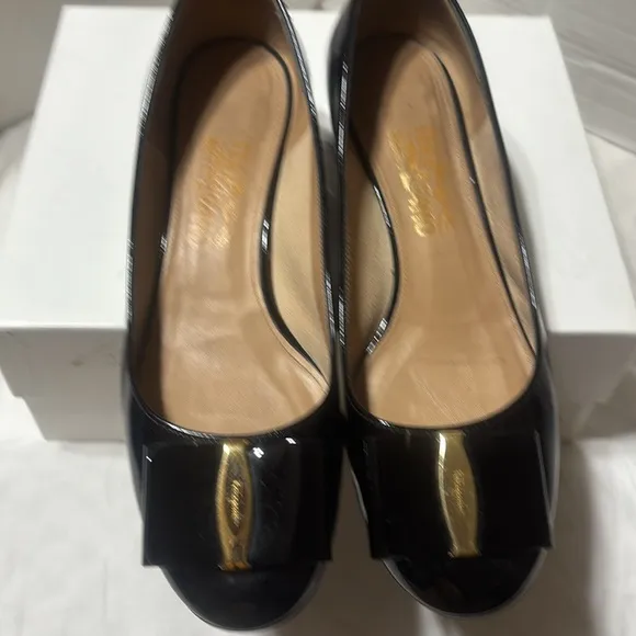 Salvatore Ferragamo patent leather block heels. Preowned in good condition.