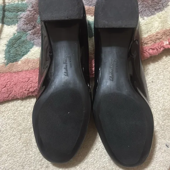 Salvatore Ferragamo patent leather block heels. Preowned in good condition.
