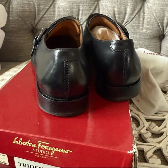 Salvatore Ferragamo Silver Buckle Black Leather Loafers Shoes Men’s 9 D