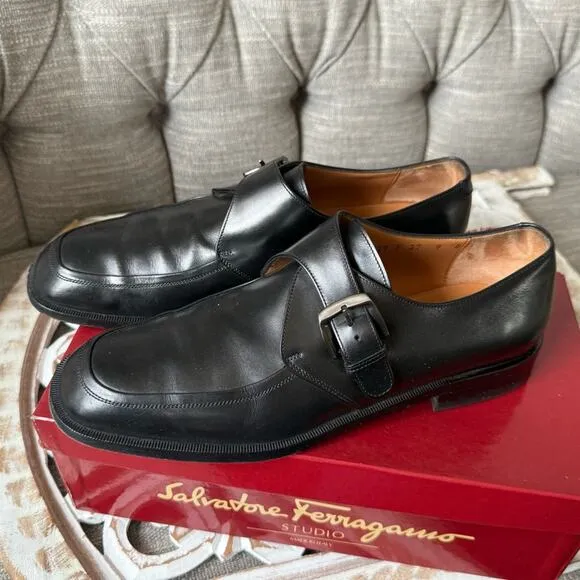 Salvatore Ferragamo Silver Buckle Black Leather Loafers Shoes Men’s 9 D