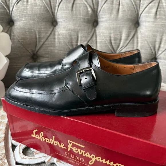 Salvatore Ferragamo Silver Buckle Black Leather Loafers Shoes Men’s 9 D