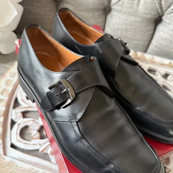 Salvatore Ferragamo Silver Buckle Black Leather Loafers Shoes Men’s 9 D
