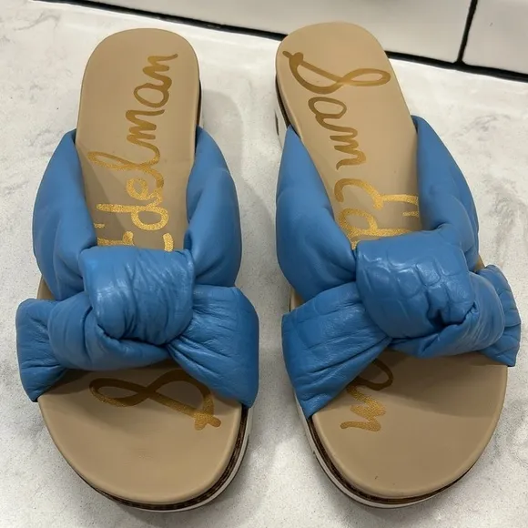 Sam Edelman AGATHA WOMENS LEATHER PLATFORM SANDALS 9 Blue Slide On