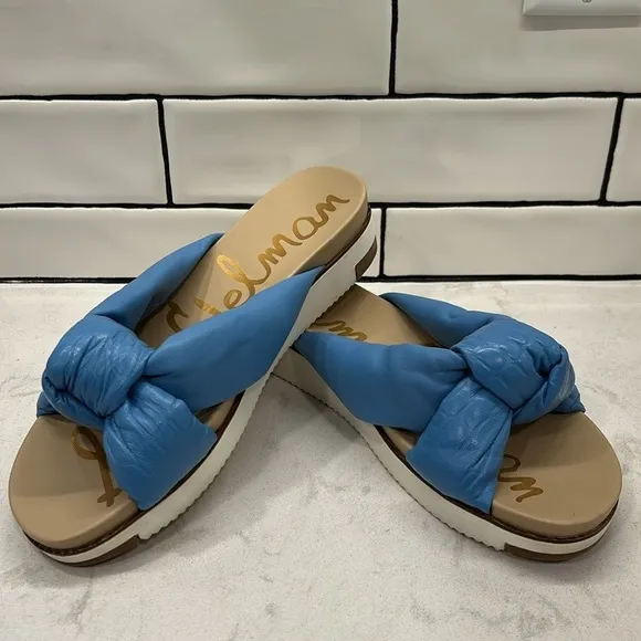 Sam Edelman AGATHA WOMENS LEATHER PLATFORM SANDALS 9 Blue Slide On
