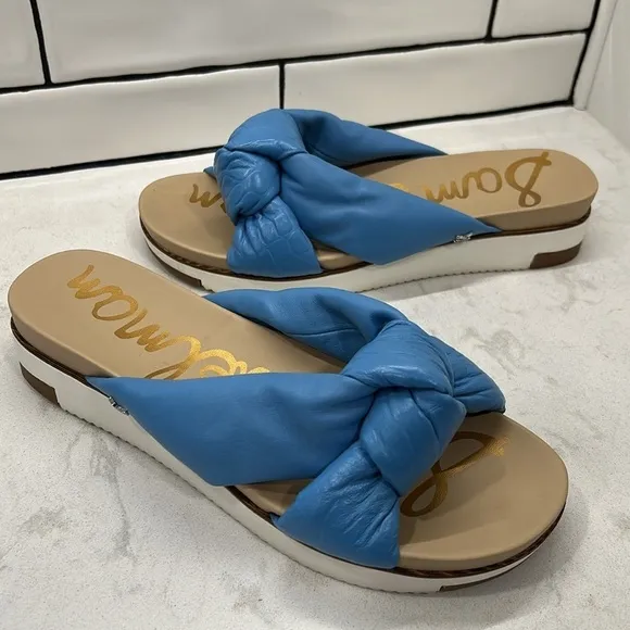 Sam Edelman AGATHA WOMENS LEATHER PLATFORM SANDALS 9 Blue Slide On