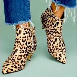 Sam Edelman Ankle Boots Womens 7.5 Olette Leopard Print Kitten Heel Tan Black