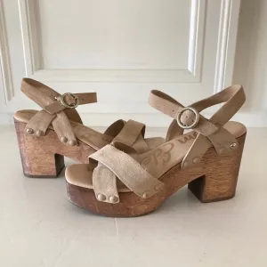 Sam Edelman Anthropologie Josefine Sand Suede Heeled Sandals Sz 7.5