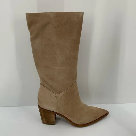 Sam Edelman Leahla tall heeled boots shoe Oatmeal tan suede pull-on women new 9