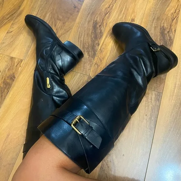 Sam Edelman Portman KneeHigh Riding Boots Gold Buckles,zipper, hardware EUC 7.5