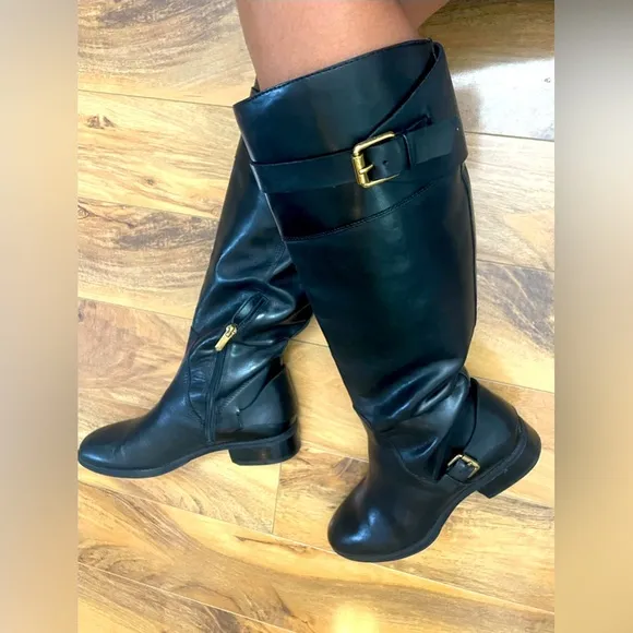 Sam Edelman Portman KneeHigh Riding Boots Gold Buckles,zipper, hardware EUC 7.5