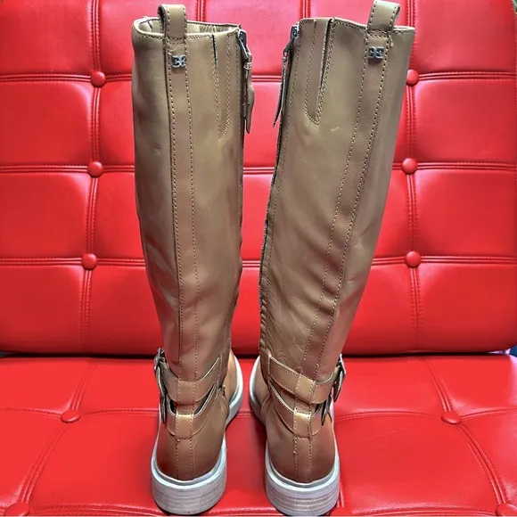 SamEdelman Freda Cashew Tan Leather Riding Boots 7.5M wraparound belt strap NWOB