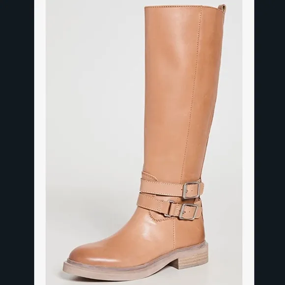 SamEdelman Freda Cashew Tan Leather Riding Boots 7.5M wraparound belt strap NWOB