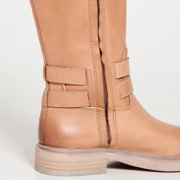 SamEdelman Freda Cashew Tan Leather Riding Boots 7.5M wraparound belt strap NWOB