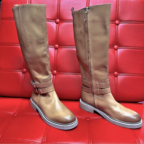 SamEdelman Freda Cashew Tan Leather Riding Boots 7.5M wraparound belt strap NWOB