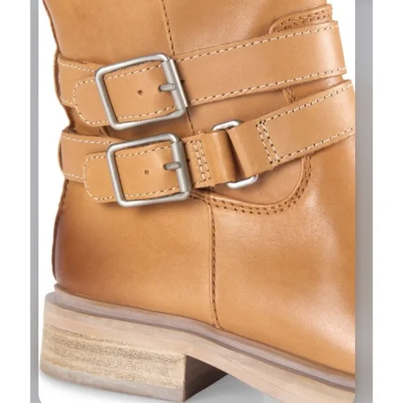 SamEdelman Freda Cashew Tan Leather Riding Boots 7.5M wraparound belt strap NWOB
