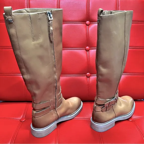 SamEdelman Freda Cashew Tan Leather Riding Boots 7.5M wraparound belt strap NWOB