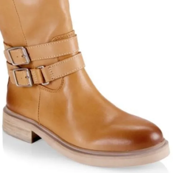 SamEdelman Freda Cashew Tan Leather Riding Boots 7.5M wraparound belt strap NWOB