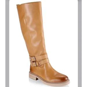 SamEdelman Freda Cashew Tan Leather Riding Boots 7.5M wraparound belt strap NWOB