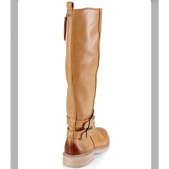 SamEdelman Freda Cashew Tan Leather Riding Boots 7.5M wraparound belt strap NWOB