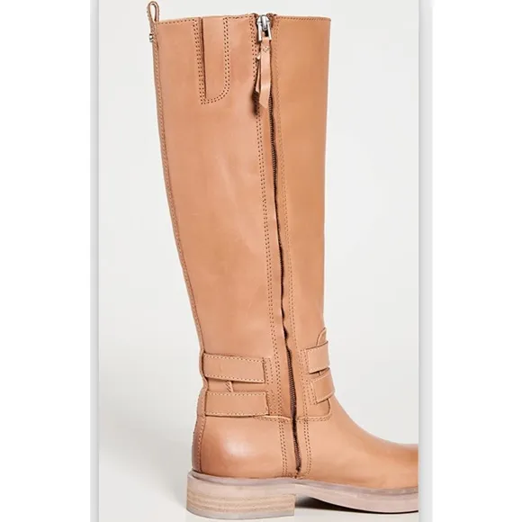 SamEdelman Freda Cashew Tan Leather Riding Boots 7.5M wraparound belt strap NWOB