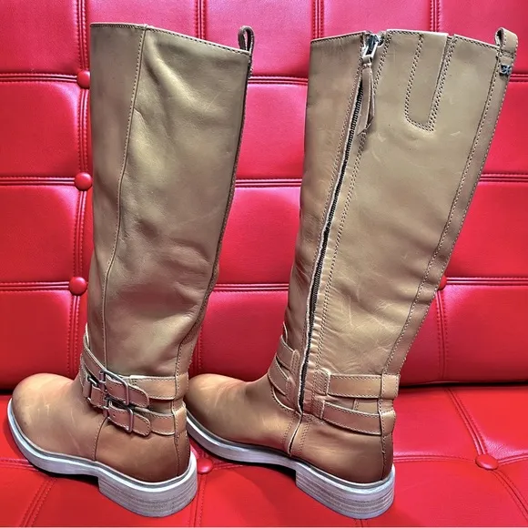 SamEdelman Freda Cashew Tan Leather Riding Boots 7.5M wraparound belt strap NWOB