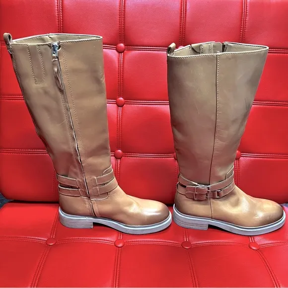 SamEdelman Freda Cashew Tan Leather Riding Boots 7.5M wraparound belt strap NWOB