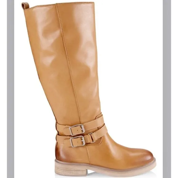 SamEdelman Freda Cashew Tan Leather Riding Boots 7.5M wraparound belt strap NWOB