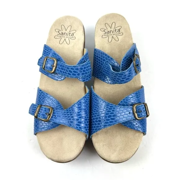 Sanita Deborah 40 Mule Blue Snakeskin Embossed Leather Slip On Shoes NEW