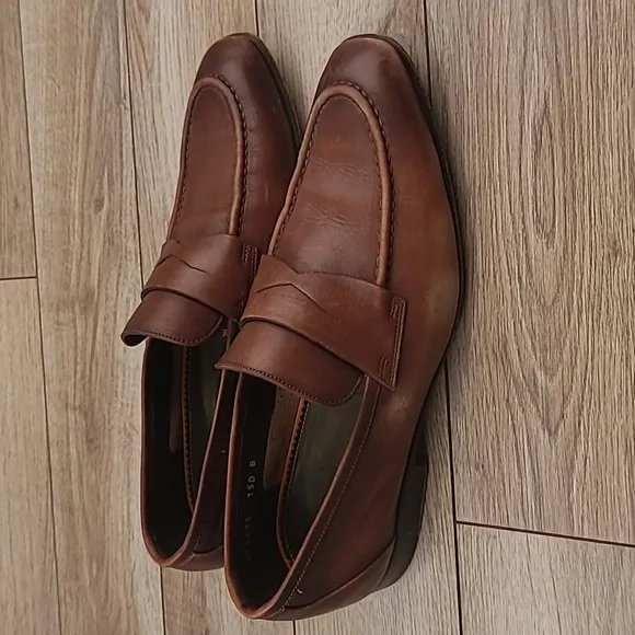 SANTONI Italy Dark‎ Brown Leather Sz 8 D Mens Penny Loafers Dress Shoes