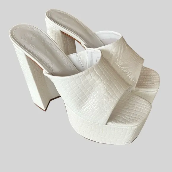 Schutz Womens Darah Platform Croc Print White Mules Slip On-Shoes.