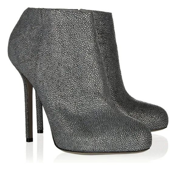 SERGIO ROSSI ANKLE BOOTS TEXTURED LEATHER GRAY BOOTIES BARBIE