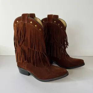 Shyanne Girls Fringe Snip Toe Western Boots Brown Sz 1 Suede Leather Festival
