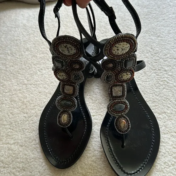 Sigerson Morrison natural gemstone embellished black Gladiators sz 9 NOS unworn