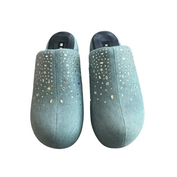 Simon Miller Bubble Crystal Denim Embellished Clogs Platform Shoes Size 37
