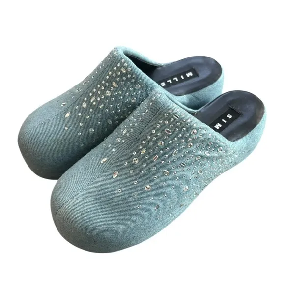 Simon Miller Bubble Crystal Denim Embellished Clogs Platform Shoes Size 37