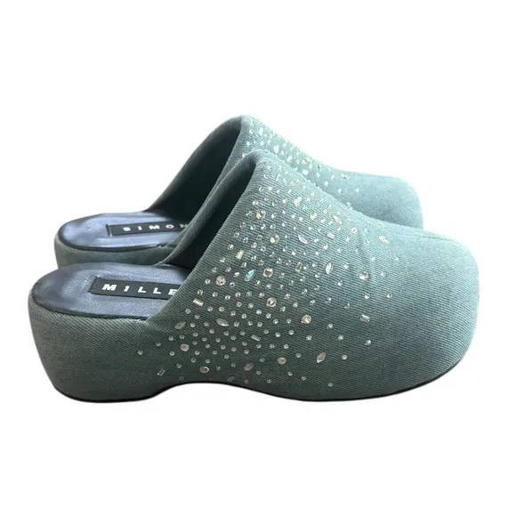 Simon Miller Bubble Crystal Denim Embellished Clogs Platform Shoes Size 37